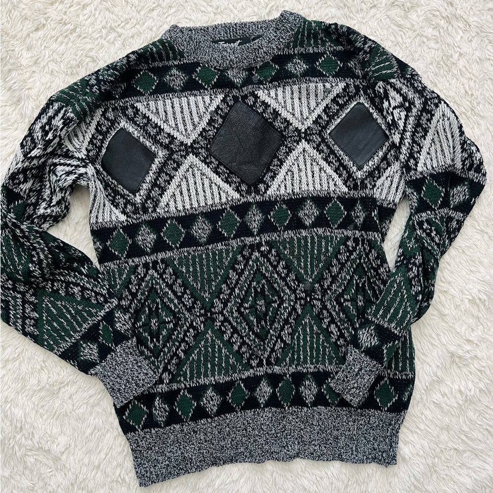 Vintage 80s Impact Abstract faux leather accent pullover Sweater